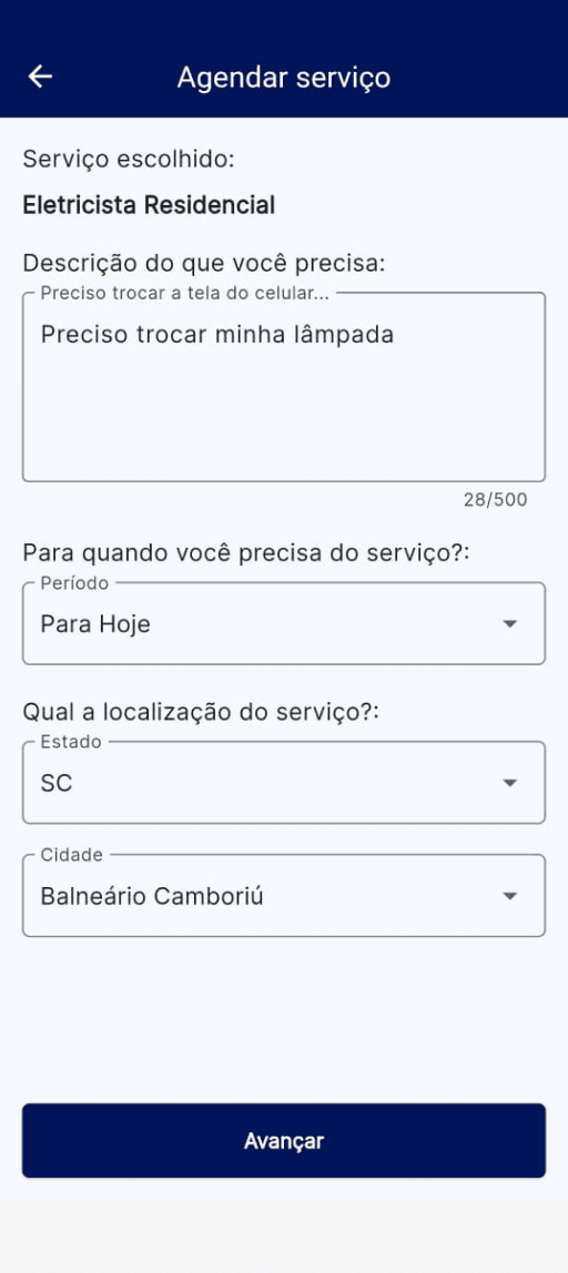 Tela do aplicativo para clientes